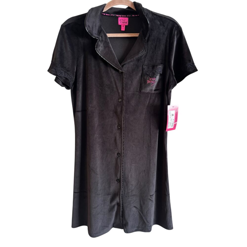 NWT Betsey Johnson Black Velvet Lounge Sleep Dress Lace Detail Medium Button Up